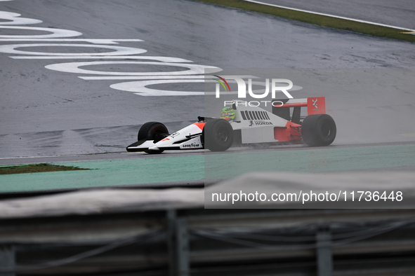 Lewis Hamilton pays tribute to Ayrton Senna during the Formula 1 Lenovo Grande Premio De Sao Paulo 2024 in Sao Paulo, Brazil, on November 3,...