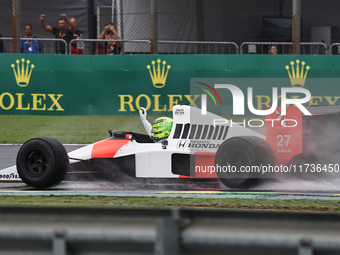 Lewis Hamilton pays tribute to Ayrton Senna during the Formula 1 Lenovo Grande Premio De Sao Paulo 2024 in Sao Paulo, Brazil, on November 3,...