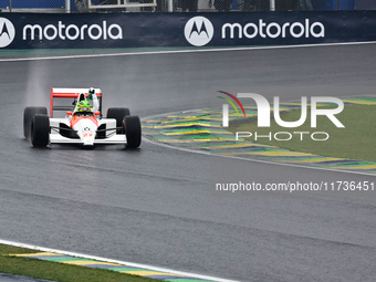 Lewis Hamilton pays tribute to Ayrton Senna during the Formula 1 Lenovo Grande Premio De Sao Paulo 2024 in Sao Paulo, Brazil, on November 3,...