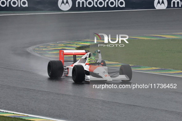 Lewis Hamilton pays tribute to Ayrton Senna during the Formula 1 Lenovo Grande Premio De Sao Paulo 2024 in Sao Paulo, Brazil, on November 3,...