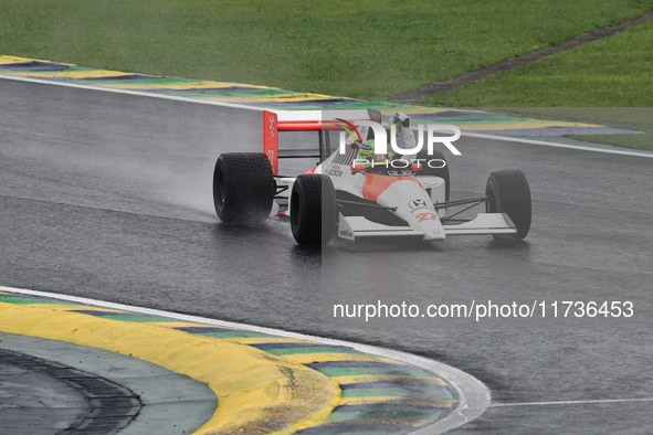 Lewis Hamilton pays tribute to Ayrton Senna during the Formula 1 Lenovo Grande Premio De Sao Paulo 2024 in Sao Paulo, Brazil, on November 3,...