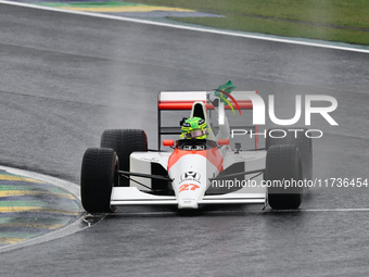 Lewis Hamilton pays tribute to Ayrton Senna during the Formula 1 Lenovo Grande Premio De Sao Paulo 2024 in Sao Paulo, Brazil, on November 3,...