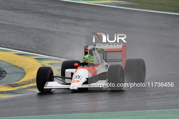 Lewis Hamilton pays tribute to Ayrton Senna during the Formula 1 Lenovo Grande Premio De Sao Paulo 2024 in Sao Paulo, Brazil, on November 3,...