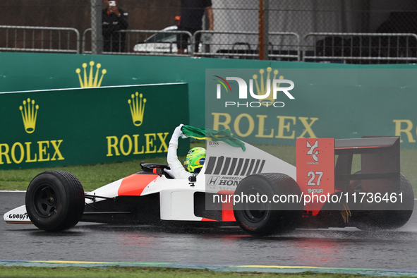 Lewis Hamilton pays tribute to Ayrton Senna during the Formula 1 Lenovo Grande Premio De Sao Paulo 2024 in Sao Paulo, Brazil, on November 3,...