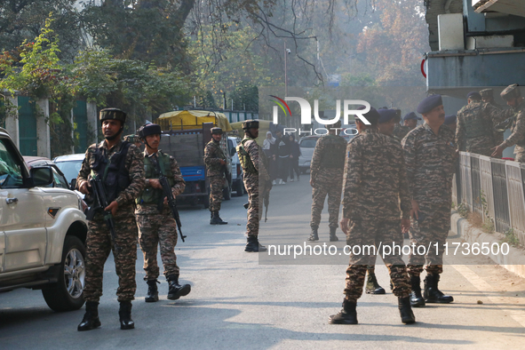 Indian paramilitary troops patrol near the site of a grenade explosion in Srinagar, Indian-administered Kashmir, on November 3, 2024. Ten pe...