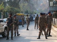 Indian paramilitary troops patrol near the site of a grenade explosion in Srinagar, Indian-administered Kashmir, on November 3, 2024. Ten pe...