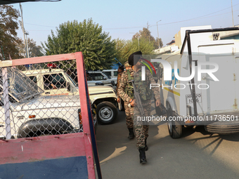 Indian paramilitary troops patrol near the site of a grenade explosion in Srinagar, Indian-administered Kashmir, on November 3, 2024. Ten pe...