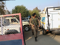 Indian paramilitary troops patrol near the site of a grenade explosion in Srinagar, Indian-administered Kashmir, on November 3, 2024. Ten pe...