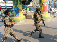 Indian paramilitary troops patrol near the site of a grenade explosion in Srinagar, Indian-administered Kashmir, on November 3, 2024. Ten pe...