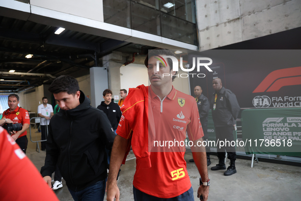 Carlos Sainz Jr. of Spain drives the (55) Scuderia Ferrari SF-24 Ferrari during the Formula 1 Lenovo Grande Premio De Sao Paulo 2024 in Sao...