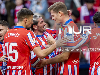 Players of Atletico de Madrid (from L to R) Clement Lenglet, Rodrigo De Paul, and Alexander Sorloth celebrate a goal during the La Liga EA S...