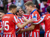 Players of Atletico de Madrid (from L to R) Clement Lenglet, Rodrigo De Paul, and Alexander Sorloth celebrate a goal during the La Liga EA S...