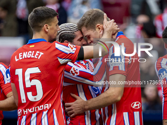 Players of Atletico de Madrid (from L to R) Clement Lenglet, Rodrigo De Paul, and Alexander Sorloth celebrate a goal during the La Liga EA S...