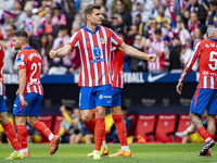 Alexander Sorloth of Atletico de Madrid (C) celebrates his goal during the La Liga EA Sports 2024/25 football match between Atletico de Madr...