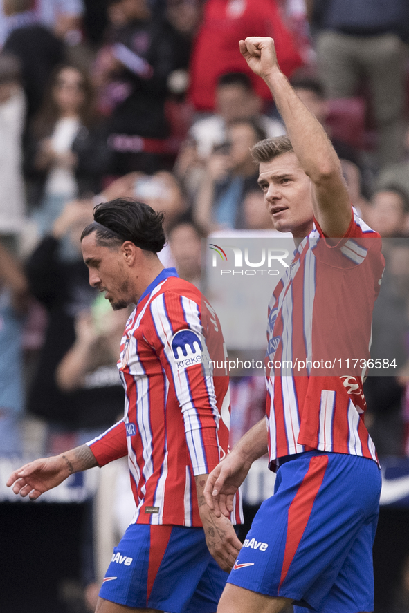 Alexander Sorloth of Atletico de Madrid celebrates a goal during the La Liga 2024/25 match between Atletico de Madrid and Las Palmas at Riya...