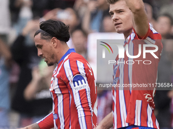 Alexander Sorloth of Atletico de Madrid celebrates a goal during the La Liga 2024/25 match between Atletico de Madrid and Las Palmas at Riya...