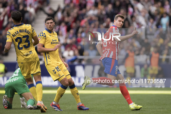 Alexander Sorloth of Atletico de Madrid celebrates a goal during the La Liga 2024/25 match between Atletico de Madrid and Las Palmas at Riya...