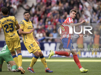 Alexander Sorloth of Atletico de Madrid celebrates a goal during the La Liga 2024/25 match between Atletico de Madrid and Las Palmas at Riya...