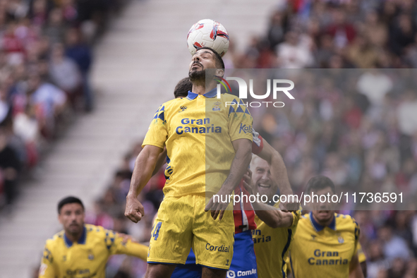 Alex Suarez of Las Palmas participates in the La Liga 2024/25 match between Atletico de Madrid and Las Palmas at Riyadh Air Metropolitano St...