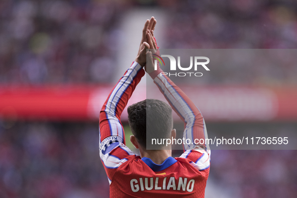 Giuliano Simeone of Atletico de Madrid greets fans during the La Liga 2024/25 match between Atletico de Madrid and Las Palmas at Riyadh Air...