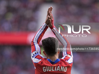 Giuliano Simeone of Atletico de Madrid greets fans during the La Liga 2024/25 match between Atletico de Madrid and Las Palmas at Riyadh Air...