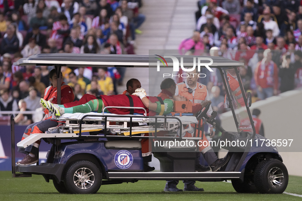 Jasper Cillessen of Las Palmas is injured during the La Liga 2024/25 match between Atletico de Madrid and Las Palmas at Riyadh Air Metropoli...