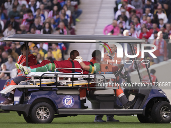 Jasper Cillessen of Las Palmas is injured during the La Liga 2024/25 match between Atletico de Madrid and Las Palmas at Riyadh Air Metropoli...