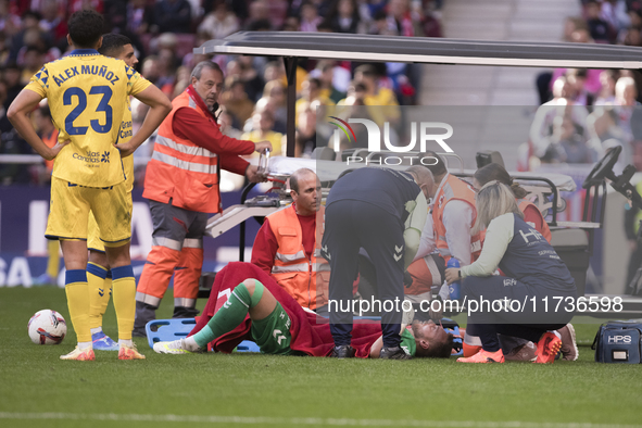 Jasper Cillessen of Las Palmas is injured during the La Liga 2024/25 match between Atletico de Madrid and Las Palmas at Riyadh Air Metropoli...