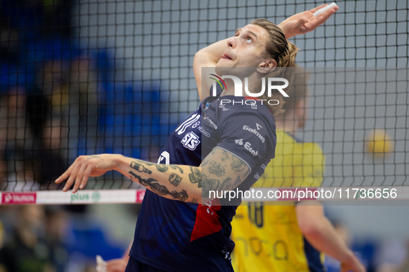 Mateusz Recko participates in a match of the PLUS Liga between Stal Nysa and ZAKSA Kedzierzyn Kozle in Nysa, Poland, on November 3, 2024. 