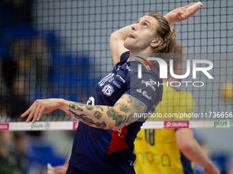 Mateusz Recko participates in a match of the PLUS Liga between Stal Nysa and ZAKSA Kedzierzyn Kozle in Nysa, Poland, on November 3, 2024. (