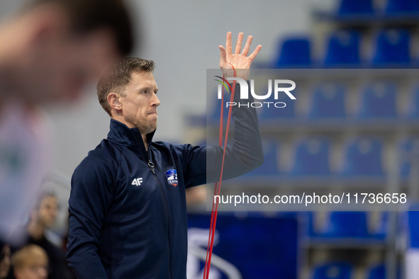 David Smith participates in a match of the PLUS Liga between Stal Nysa and ZAKSA Kedzierzyn Kozle in Nysa, Poland, on November 3, 2024. 