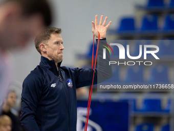 David Smith participates in a match of the PLUS Liga between Stal Nysa and ZAKSA Kedzierzyn Kozle in Nysa, Poland, on November 3, 2024. (