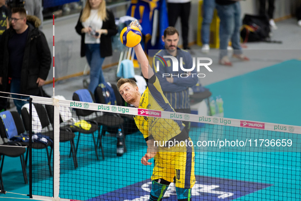 Jakub Olejniczak participates in a PLUS Liga match between Stal Nysa and ZAKSA Kedzierzyn Kozle in Nysa, Poland, on November 3, 2024. 