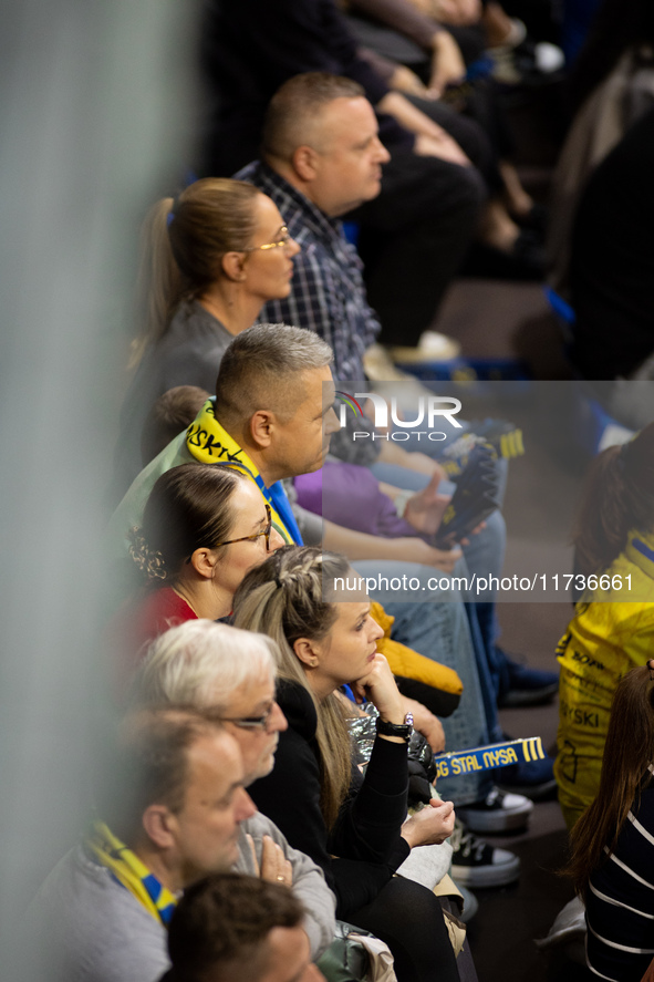 Fans attend a match of the PLUS Liga between Stal Nysa and ZAKSA Kedzierzyn Kozle in Nysa, Poland, on November 3, 2024. 