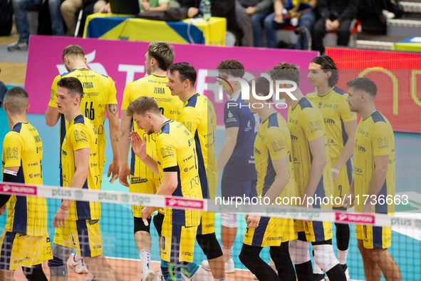 Stal Nysa plays a match in the PLUS Liga against ZAKSA Kedzierzyn Kozle in Nysa, Poland, on November 3, 2024. 