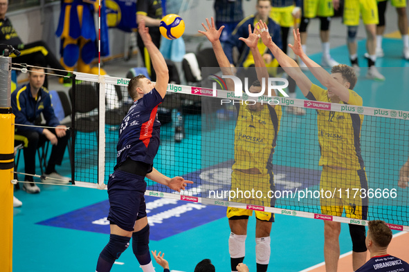 RAFAL SZYMURA participates in a match of the PLUS Liga between Stal Nysa and ZAKSA Kedzierzyn Kozle in Nysa, Poland, on November 3, 2024. 