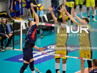 RAFAL SZYMURA participates in a match of the PLUS Liga between Stal Nysa and ZAKSA Kedzierzyn Kozle in Nysa, Poland, on November 3, 2024. (