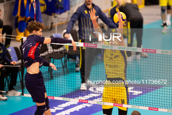 Igor Grobelny and Remigiusz Kapica participate in a PLUS Liga match between Stal Nysa and ZAKSA Kedzierzyn Kozle in Nysa, Poland, on Novembe...