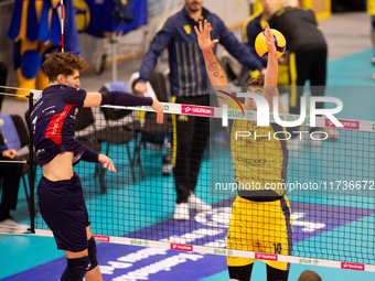 Igor Grobelny and Remigiusz Kapica participate in a PLUS Liga match between Stal Nysa and ZAKSA Kedzierzyn Kozle in Nysa, Poland, on Novembe...