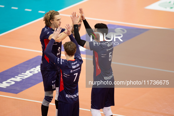 Mateusz Recko participates in a match of the PLUS Liga between Stal Nysa and ZAKSA Kedzierzyn Kozle in Nysa, Poland, on November 3, 2024. 