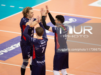 Mateusz Recko participates in a match of the PLUS Liga between Stal Nysa and ZAKSA Kedzierzyn Kozle in Nysa, Poland, on November 3, 2024. (