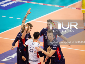 RAFAL SZYMURA participates in a match of the PLUS Liga between Stal Nysa and ZAKSA Kedzierzyn Kozle in Nysa, Poland, on November 3, 2024. (