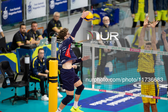 IGOR GROBELNY participates in a match of the PLUS Liga between Stal Nysa and ZAKSA Kedzierzyn Kozle in Nysa, Poland, on November 3, 2024. 