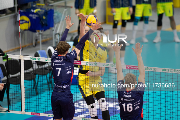 Dawid Dulski participates in a match of the Plus Liga between Stal Nysa and ZAKSA Kedzierzyn Kozle in Nysa, Poland, on November 3, 2024. 