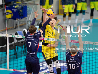 Dawid Dulski participates in a match of the Plus Liga between Stal Nysa and ZAKSA Kedzierzyn Kozle in Nysa, Poland, on November 3, 2024. (