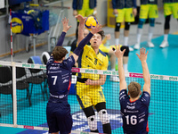 Dawid Dulski participates in a match of the Plus Liga between Stal Nysa and ZAKSA Kedzierzyn Kozle in Nysa, Poland, on November 3, 2024. (