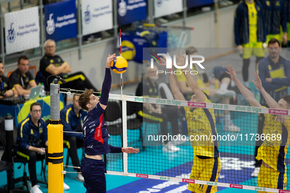 IGOR GROBELNY participates in a match of the PLUS Liga between Stal Nysa and ZAKSA Kedzierzyn Kozle in Nysa, Poland, on November 3, 2024. 