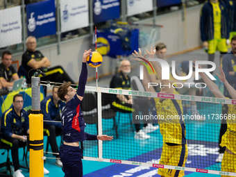 IGOR GROBELNY participates in a match of the PLUS Liga between Stal Nysa and ZAKSA Kedzierzyn Kozle in Nysa, Poland, on November 3, 2024. (