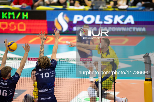 ...during a match of the PLUS Liga between Stal Nysa and ZAKSA Kedzierzyn Kozle in Nysa, Poland, on November 3, 2024. 