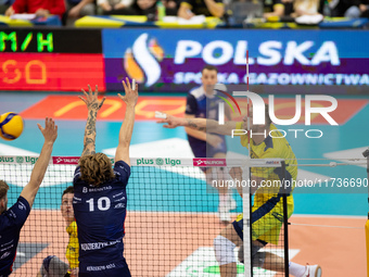 ...during a match of the PLUS Liga between Stal Nysa and ZAKSA Kedzierzyn Kozle in Nysa, Poland, on November 3, 2024. (